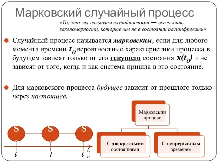 Марковский случайный процесс Случайный процесс называется марковским, если для любого момента