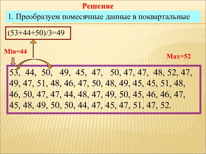 Решение 1. Преобразуем помесячные данные в поквартальные 53, 44, 50, 49,