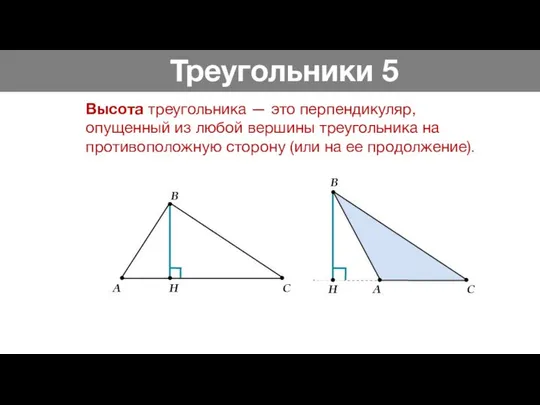 Треугольники 5 Высота треугольника — это перпендикуляр, опущенный из любой вершины