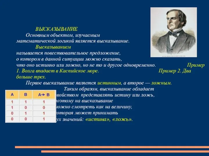 ВЫСКАЗЫВАНИЕ Основным объектом, изучаемым математической логикой является высказывание. Высказыванием называется повествовательное