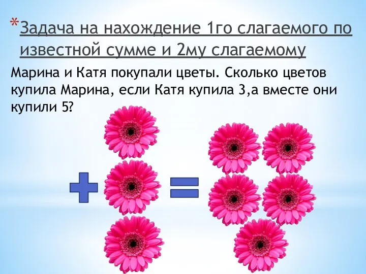 Задача на нахождение 1го слагаемого по известной сумме и 2му слагаемому