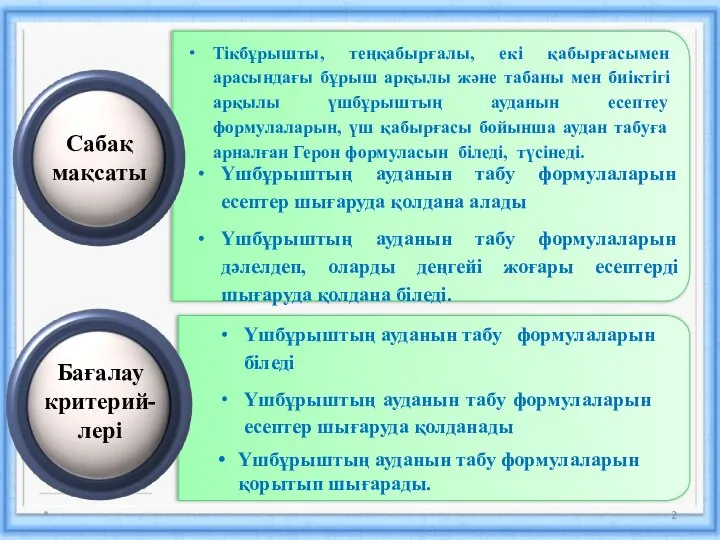 * Сабақ мақсаты Тікбұрышты, теңқабырғалы, екі қабырғасымен арасындағы бұрыш арқылы және