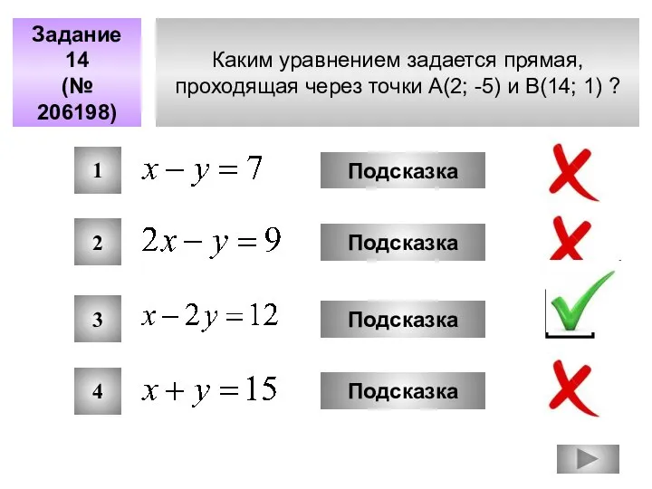 Каким уравнением задается прямая, проходящая через точки A(2; -5) и B(14;