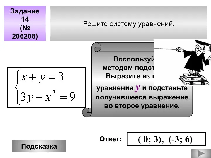 Решите систему уравнений. Задание 14 (№ 206208) Подсказка Воспользуйтесь методом подстановки.