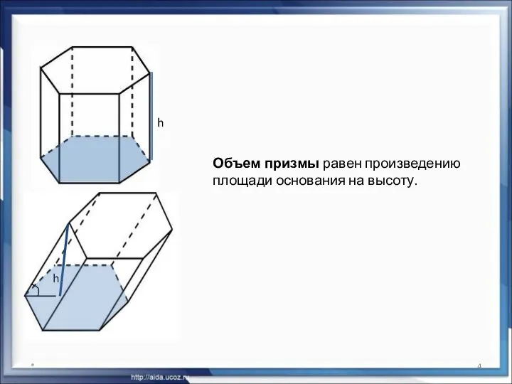 * Объем призмы равен произведению площади основания на высоту. h h