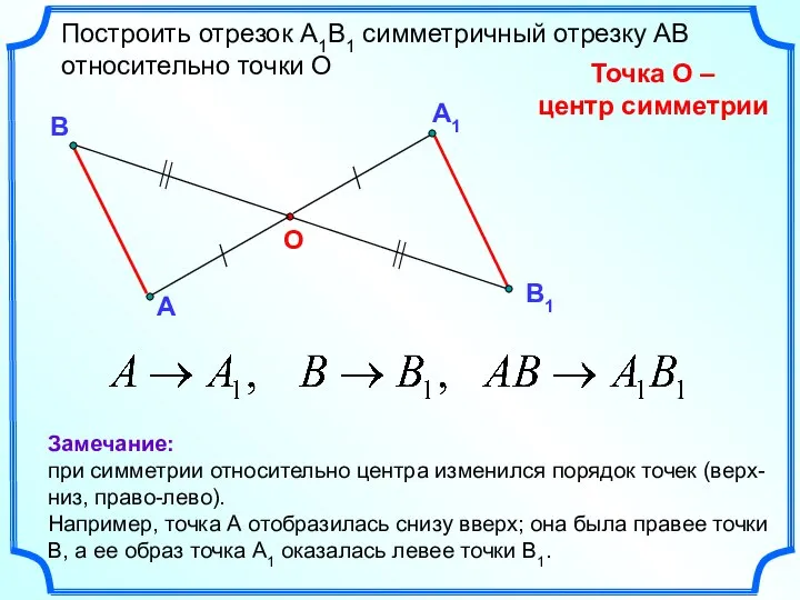 А1 А О Построить отрезок А1В1 симметричный отрезку АВ относительно точки