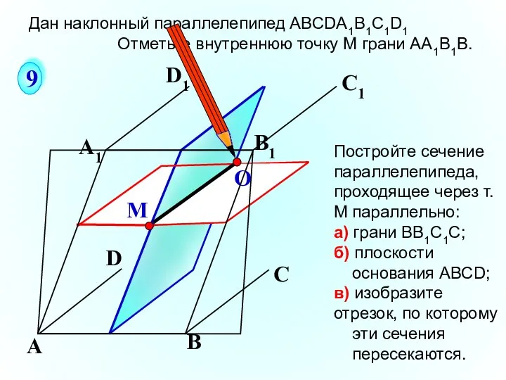 О 9 Постройте сечение параллелепипеда, проходящее через т.М параллельно: а) грани