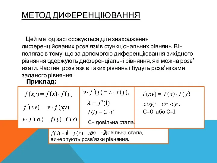 МЕТОД ДИФЕРЕНЦІЮВАННЯ Цей метод застосовується для знаходження диференційованих розв’язків функціональних рівнянь.