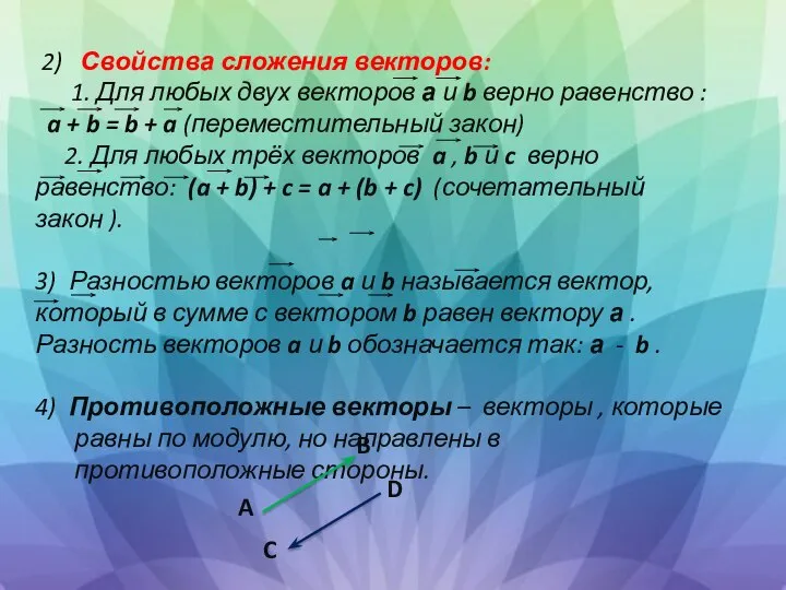 2) Свойства сложения векторов: 1. Для любых двух векторов а и