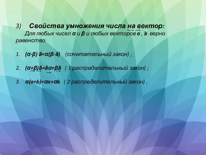 3) Свойства умножения числа на вектор: Для любых чисел α и