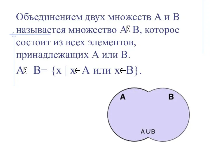 Объединением двух множеств А и В называется множество А В, которое