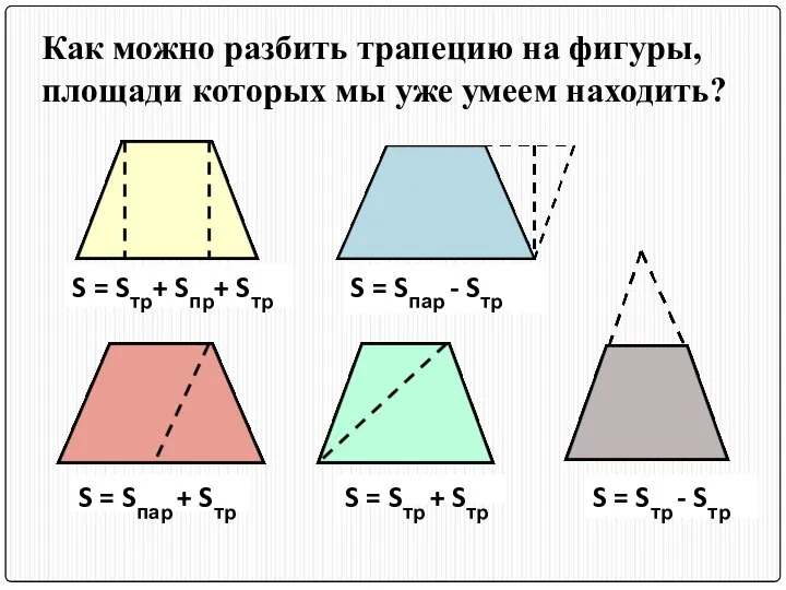 Как можно разбить трапецию на фигуры, площади которых мы уже умеем