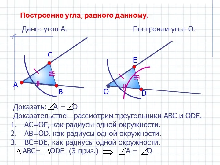 Построение угла, равного данному. Дано: угол А. А Построили угол О.