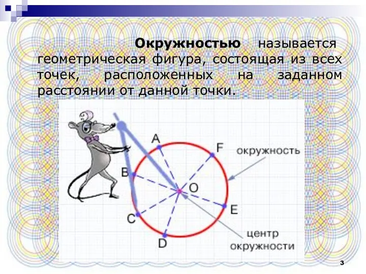 Окружностью называется геометрическая фигура, состоящая из всех точек, расположенных на заданном расстоянии от данной точки.