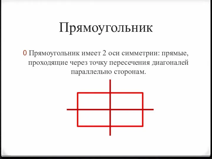 Прямоугольник Прямоугольник имеет 2 оси симметрии: прямые, проходящие через точку пересечения диагоналей параллельно сторонам.