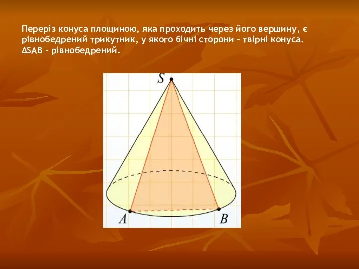 Переріз конуса площиною, яка проходить через його вершину, є рівнобедрений трикутник,