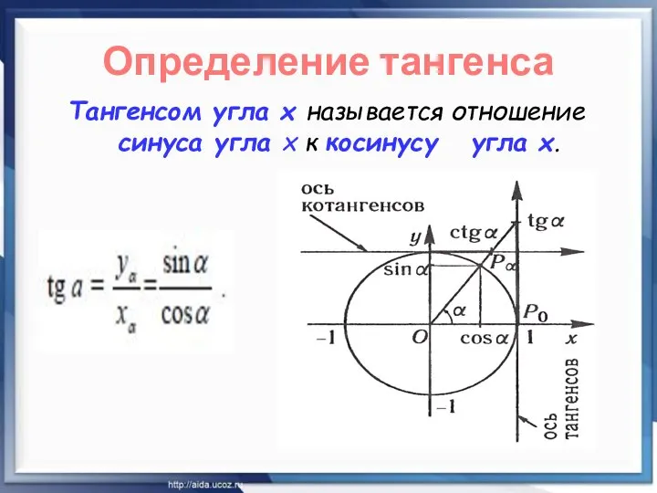 Определение тангенса Тангенсом угла х называется отношение синуса угла х к косинусу угла х.