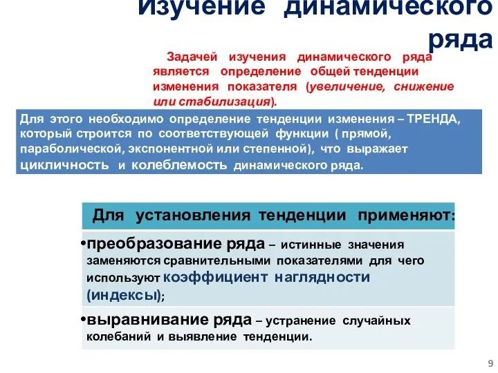 Изучение динамического ряда Задачей изучения динамического ряда является определение общей тенденции