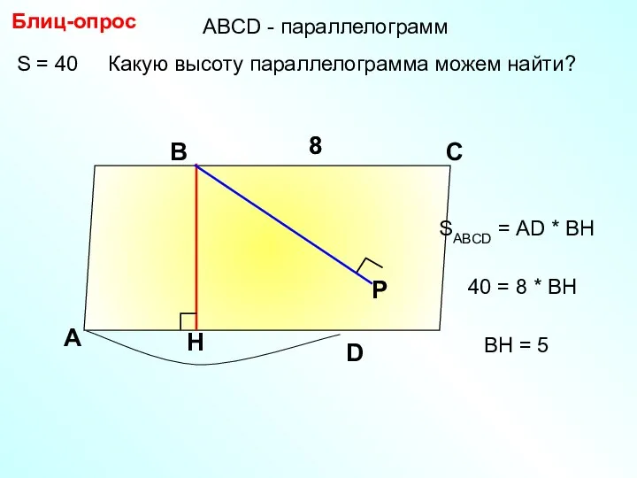 S = 40 Какую высоту параллелограмма можем найти? Блиц-опрос А В