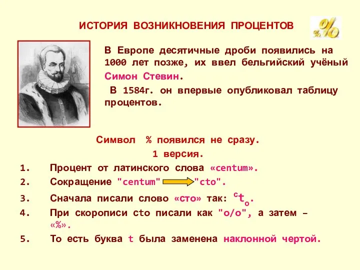 ИСТОРИЯ ВОЗНИКНОВЕНИЯ ПРОЦЕНТОВ В Европе десятичные дроби появились на 1000 лет