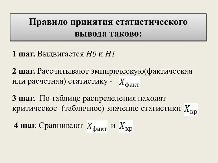 Правило принятия статистического вывода таково: 1 шаг. Выдвигается H0 и H1