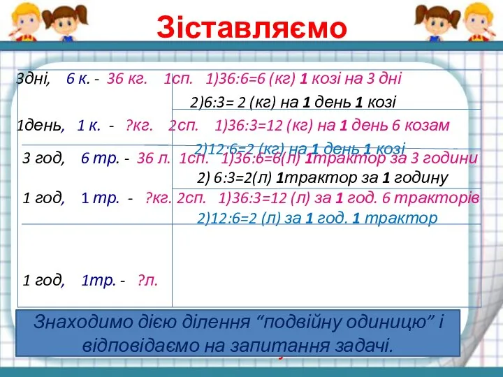 Зіставляємо 3дні, 6 к. - 36 кг. 1сп. 1)36:6=6 (кг) 1