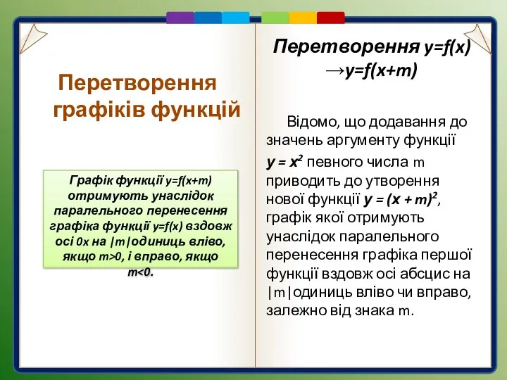 Перетворення y=f(x)→y=f(x+m) Відомо, що додавання до значень аргументу функції у =