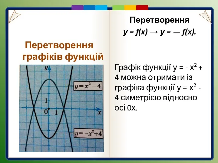 Перетворення у = f(x) → у = — f(x). Графік функції