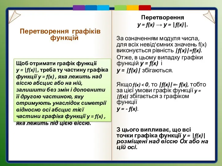 Перетворення у = f(x) → у = |f(x)|. За означенням модуля