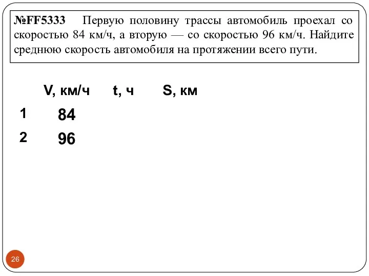 №FF5333 Первую половину трассы автомобиль проехал со скоростью 84 км/ч, а