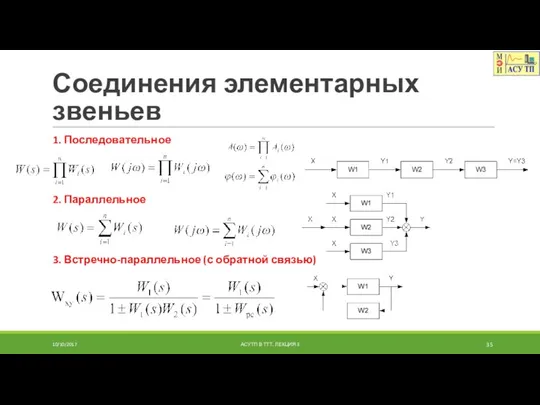 Соединения элементарных звеньев 1. Последовательное 2. Параллельное 3. Встречно-параллельное (с обратной