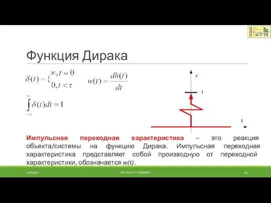 Функция Дирака Импульсная переходная характеристика – это реакция объекта/системы на функцию