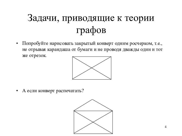 Задачи, приводящие к теории графов Попробуйте нарисовать закрытый конверт одним росчерком,