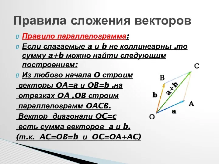 Правило параллелограмма: Если слагаемые a и b не коллинеарны ,то сумму