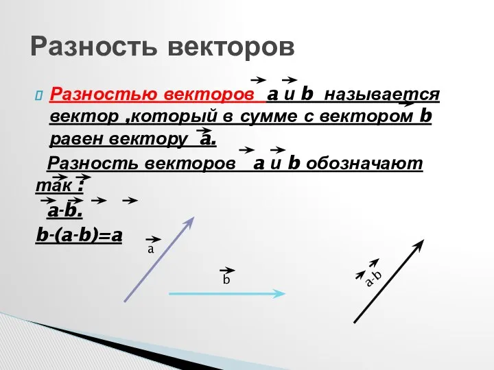 Разностью векторов a и b называется вектор ,который в сумме с