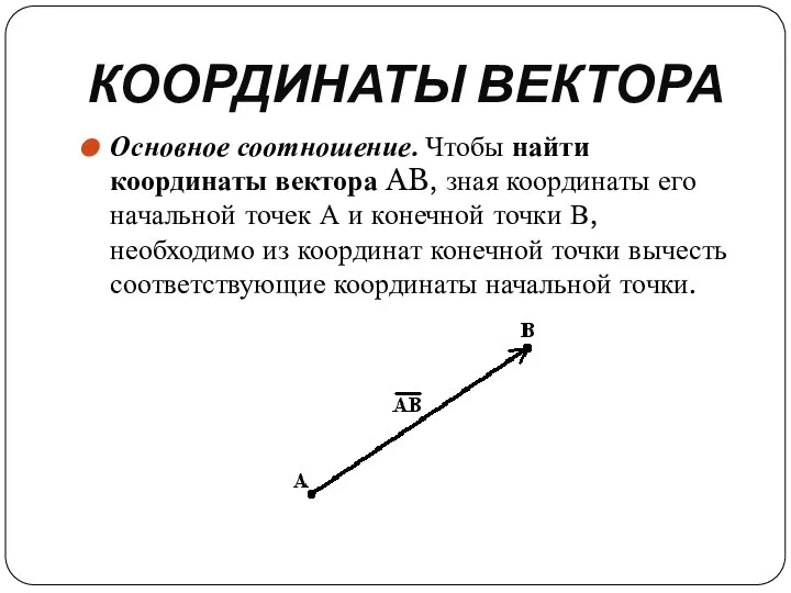 КООРДИНАТЫ ВЕКТОРА Основное соотношение. Чтобы найти координаты вектора AB, зная координаты