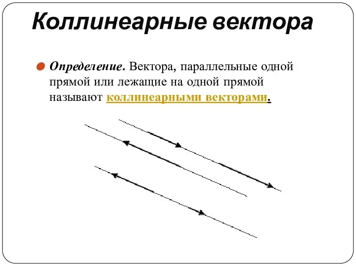 Коллинеарные вектора Определение. Вектора, параллельные одной прямой или лежащие на одной прямой называют коллинеарными векторами.