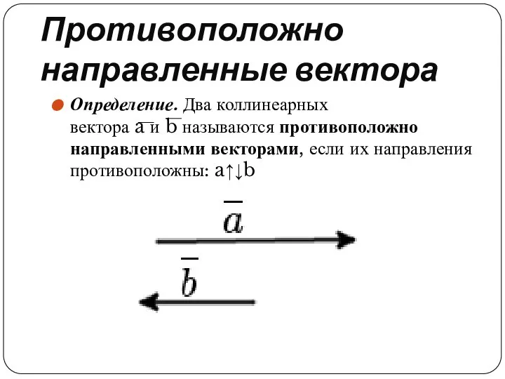 Противоположно направленные вектора Определение. Два коллинеарных вектора a и b называются
