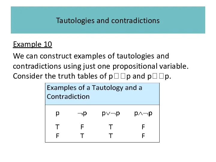 Tautologies and contradictions Example 10 We can construct examples of tautologies