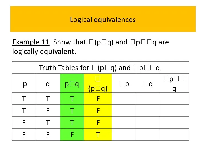 Logical equivalences Example 11 Show that (pq) and pq are logically equivalent.