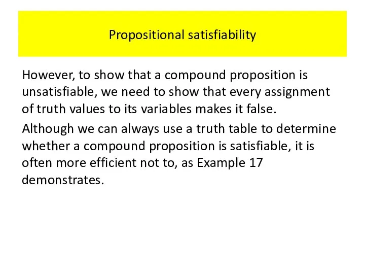 Propositional satisfiability However, to show that a compound proposition is unsatisfiable,