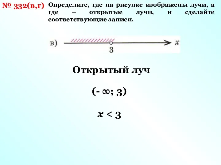 № 332(в,г) Открытый луч (- ∞; 3) x Определите, где на