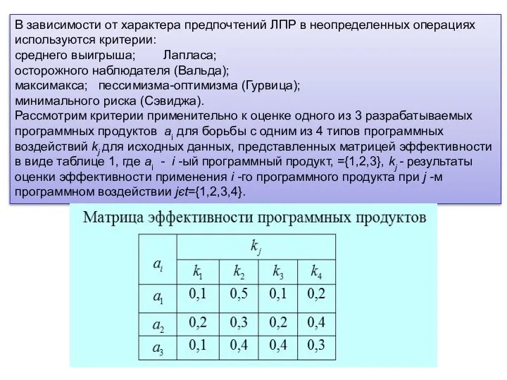 В зависимости от характера предпочтений ЛПР в неопределенных операциях используются критерии: