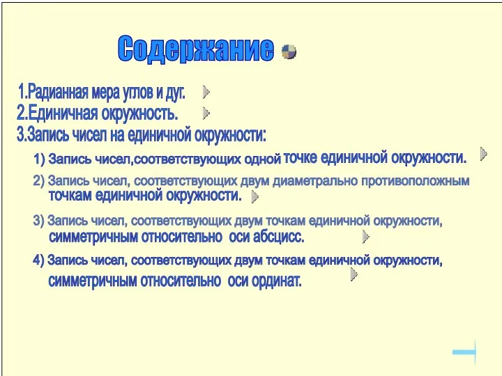 1.Радианная мера углов и дуг. 2.Единичная окружность. Содержание 1) Запись чисел,соответствующих