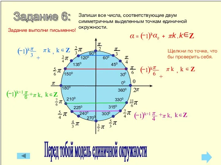 Задание 6: Щелкни по точке, что бы проверить себя. 0 π