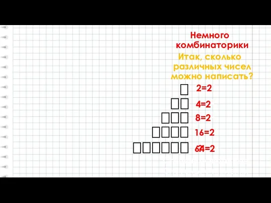 Немного комбинаторики Итак, сколько различных чисел можно написать? 2=21 4=22 8=23