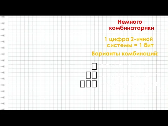 Немного комбинаторики 1 цифра 2-ичной системы = 1 бит 1 бит: