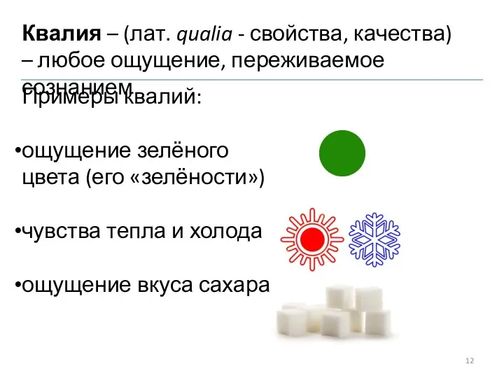 Квалия – (лат. qualia - свойства, качества) – любое ощущение, переживаемое