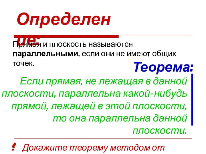 Определение: Прямая и плоскость называются параллельными, если они не имеют общих