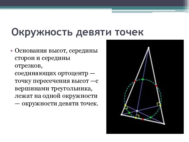 Окружность девяти точек Основания высот, середины сторон и середины отрезков, соединяющих